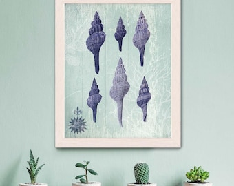 Vintage Seashell Art Print – Nautical Blue Shell Decor