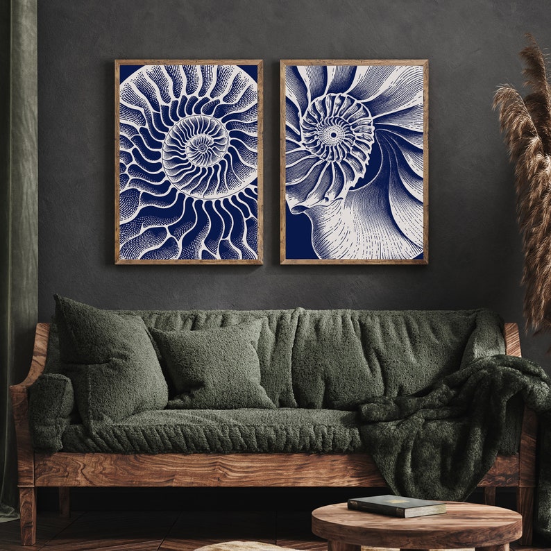 Strand Shell Wall Art Set van 2 prints, Coastal Home Decor in levendig marineblauw, Badkamer Art Ocean Themed Modern Beach House Decor afbeelding 4