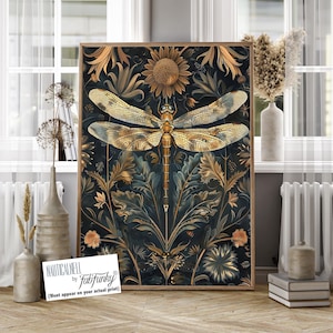 Libelle Wand Kunst Druck, William Morris Stil Libellen Poster, Vintage Stil Botanische Waldinsekten Liebhaber Kunstwerk, Dark Moody Decor