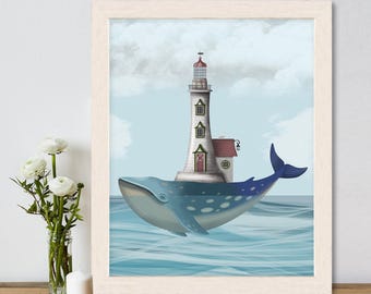 Whale Lighthouse Art Print – Nautical Nursery Decor