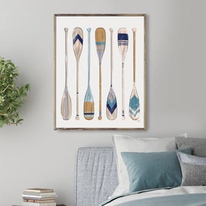 Vintage style oar set print in blues - Canoe paddles rustic style art, Lake house decor, Sailing decor wall art, Rowing canvas art large