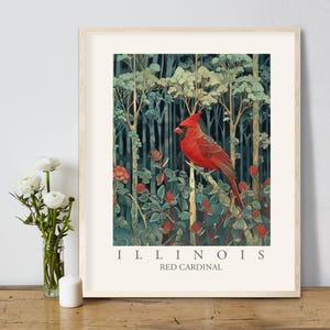 Impresión artística del pájaro del estado de Illinois, cardenal rojo, decoración de pared estilo William Morris, pájaros de patio trasero de los Grandes Lagos de Illinois, póster de bosque colorido grande