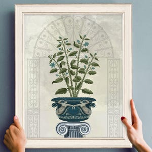 Roman vase on pedestal, Botanical art print, Decorative framed art, Ornate home decor, Planted urn illustration, Large canvas art classical image 1