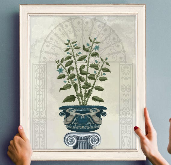 Roman vase on pedestal, Botanical art print, Decorative framed art, Ornate home decor, Planted urn illustration, Large canvas art classical