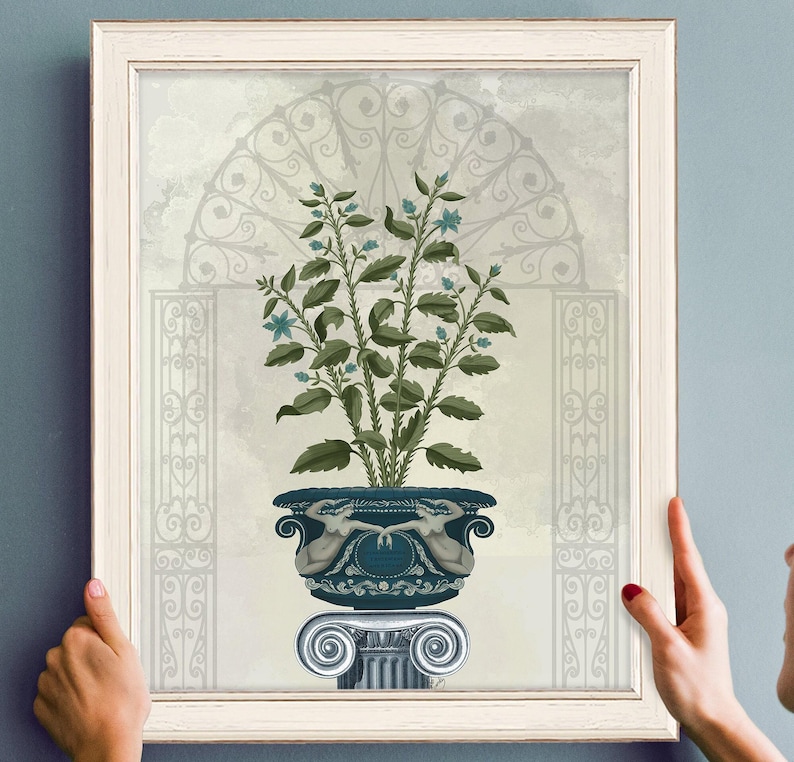Roman vase on pedestal, Botanical art print, Decorative framed art, Ornate home decor, Planted urn illustration, Large canvas art classical image 1