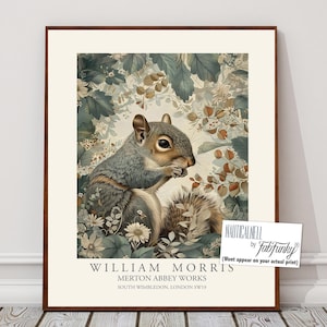 William Morris style print, William Morris poster, Grey Squirrel Illustration, Vintage style Botanical wall art, William Morris Woodland