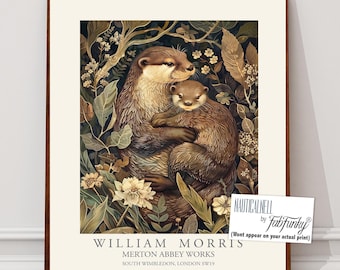 William Morris style print, William Morris poster, Cute Otter Illustration, Vintage style Botanical poster, Woodland Animal wall art