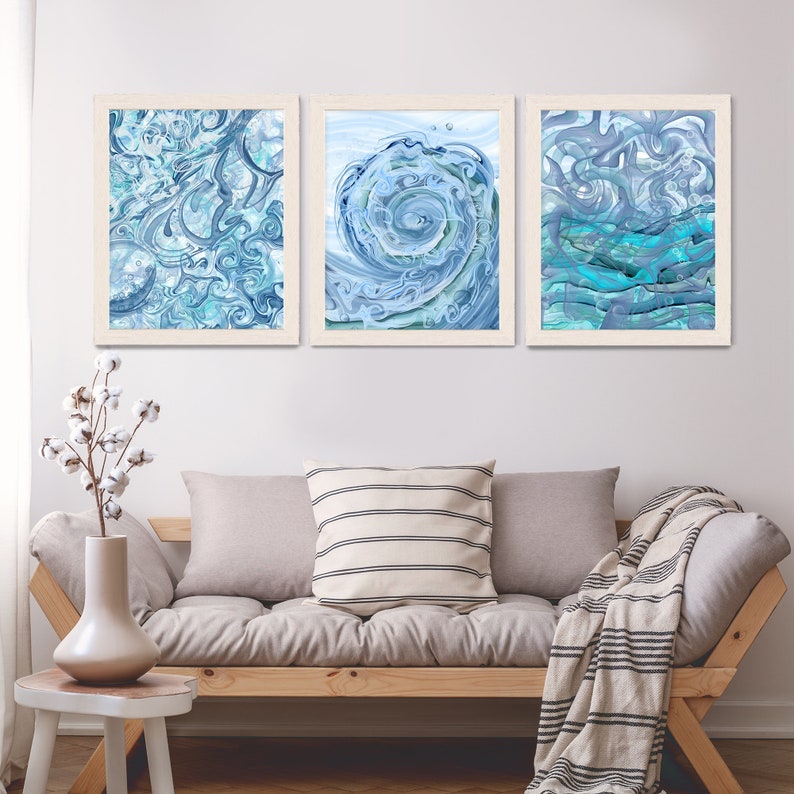 Sea swell print set of 3 abstract art Nautical decor, Blue Wall art, Large canvas art, Beach house decor, Ocean painting, Coastal blues image 2