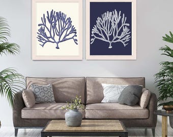 Impressões de coral marinho - Conjunto de 2 impressões de arte de coral marinho azul e branco - ilustração de coral, decoração de coral marinho, arte de coral, decoração costeira, impressões costeiras