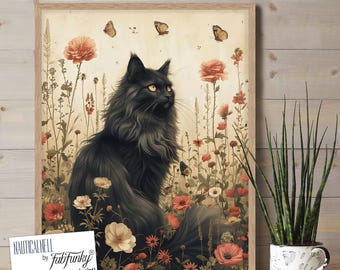 長毛の黒猫のアートプリント、気まぐれなふわふわの猫の壁アート