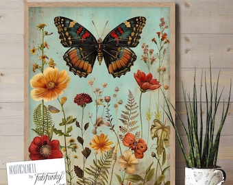 Butterfly Botanical Art Print, Vintage William Morris Style