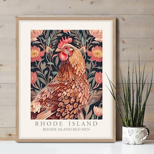 Lámina artística de pájaro estatal de Rhode Island Red Hen, decoración de pared floral estilo William Morris, pájaros de patio trasero RI, póster colorido grande de Nueva Inglaterra