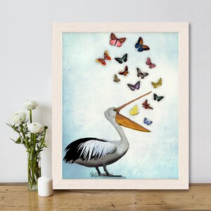 Pelican & Butterflies Art Print: Whimsical Beach House Decor image 3