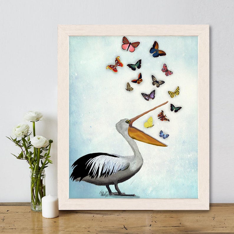 Pelican & Butterflies Art Print: Whimsical Beach House Decor image 3