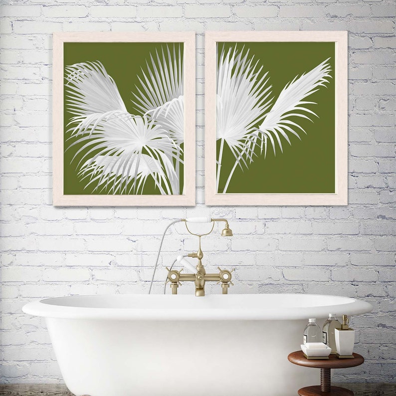 2 print set Fan Palm White on Green Tropical Leaves tropical print botanical print wall art beach house tree hawaii Tropical Decor