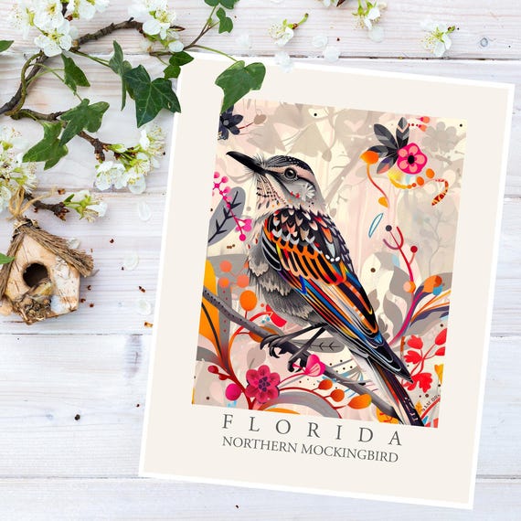 Northern Mockingbird Florida State Bird Print, Modern Abstract