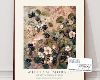 William Morris Style Blackberry print, Fruit Flower poster, Large vintage wall art, nature Illustration, Art Nouveau Home Deco