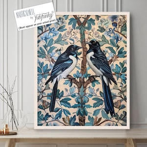 Magpie Tree Art Print, Magpie pair wall art, Wildlife nature lover Illustration, vintage style botanical, William Morris style bird poster