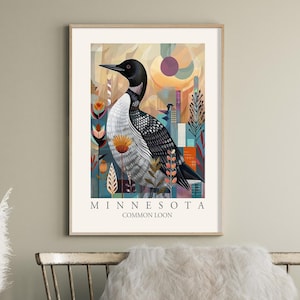 Common Loon Minnesota State Bird Print, Modern abstract style wall art Home Decor, Backyard Birds of MN, Large Colorful Boho Canvas Poster