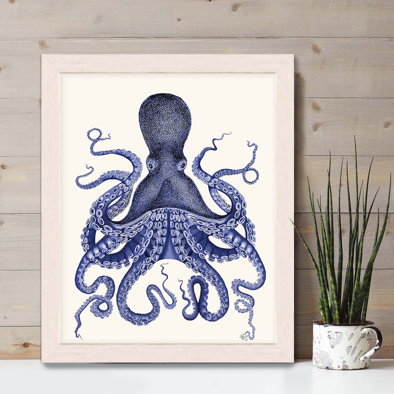 Octopus Print Blue Octopus Print 3 Nautical Home Decor Octopus wall art Octopus poster Bathroom decor Bathroom wall art Beach House Decor image 2