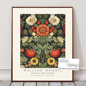Impressão botânica estilo William Morris, pôster de outono de abóbora, grande arte de parede vintage, ilustração da natureza, decoração de cozinha vegetal