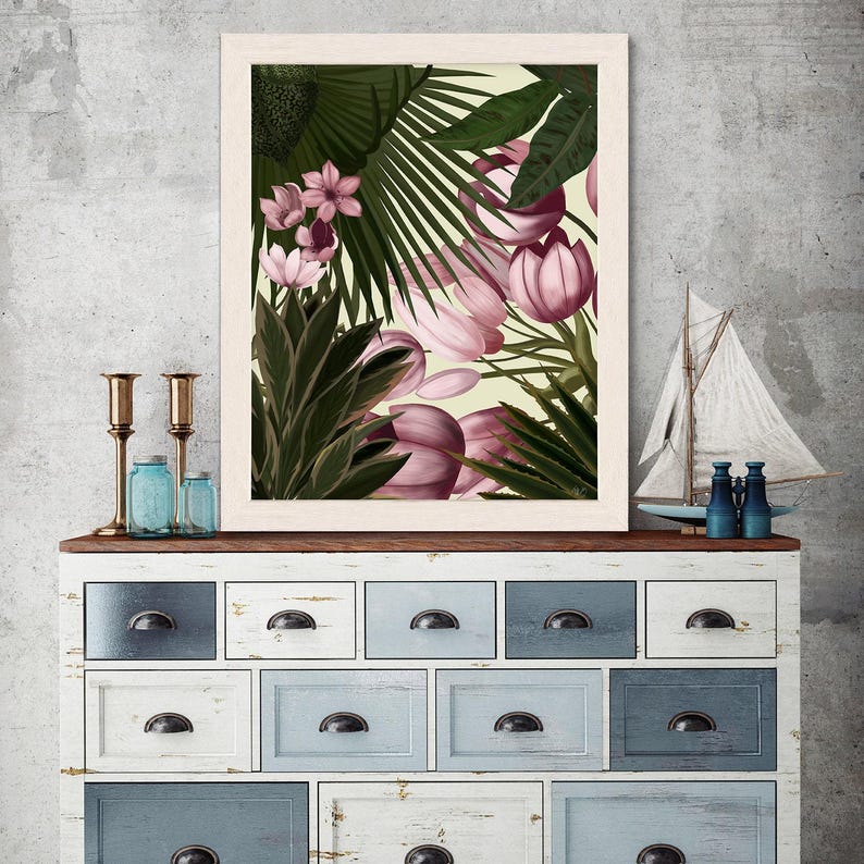 Large floral prints, tropical wall art botanical room decor, pink flower, tropical flower, living room decor, pink room - Tropical Blush 2 image 1