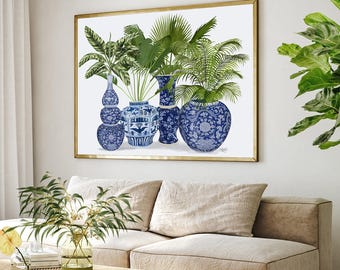 Chinoiserie wall art Ginger jar art print hampton style decor beach house decor coastal decor blue and white wall art living room - Group1