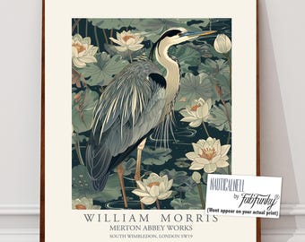 William Morris style bird print,  William Morris Blue Heron poster, Large Vintage wall art, Wildlife nature lover Illustration, elegant art
