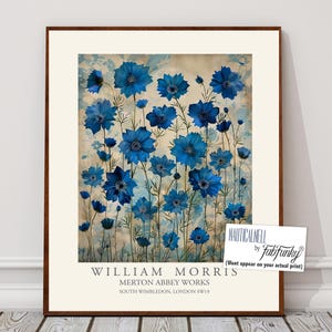 Estampa floral estilo William Morris, pôster de flor nigela azul, grande arte de parede vintage, ilustração da natureza, decoração de casa boho Art Nouveau
