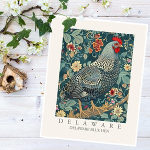 Impresión de ave del estado de Delaware Blue Hen, arte de pared estilo William Morris, decoración del hogar, aves de jardín de Delaware, póster grande de lienzo alegre y colorido