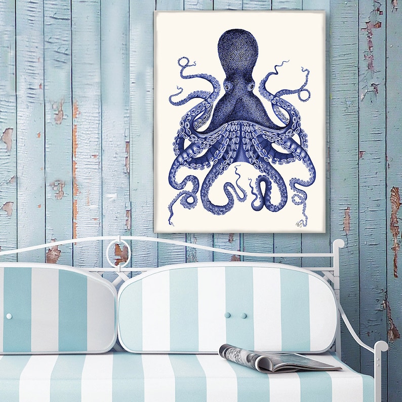 Octopus Print Blue Octopus Print 3 Nautical Home Decor Octopus wall art Octopus poster Bathroom decor Bathroom wall art Beach House Decor image 10