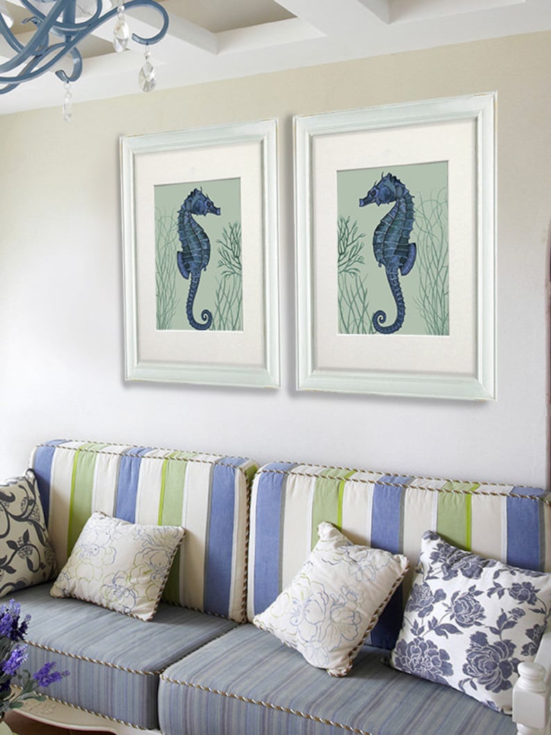 Nautical Print Beach Decor bathroom Decor Beach House Decor Seahorse Illustration Painting Seahorse Prints blue on pale greensage Set of 2
