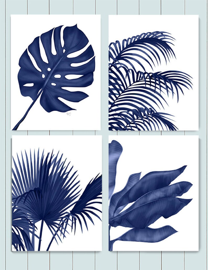 Tropical Prints Tropical Leaves 1 Blue on White Beach House | Etsy