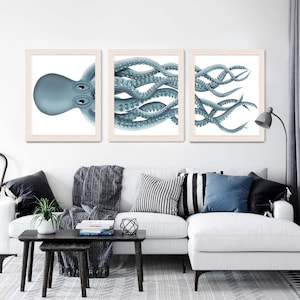 Giant Octopus Print Aqua Octopus Triptych Set of 3 - octopus poster Giclee poster nautical decor Octopus wall art home decor