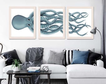 Aqua Octopus Triptych Print – Nautical Wall Art Set