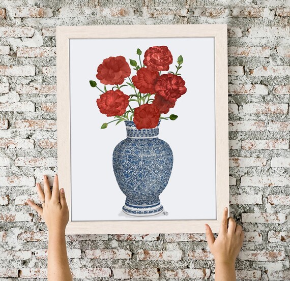 シノワズリの花瓶、赤いカーネーションのアート、赤い花柄プリント、青