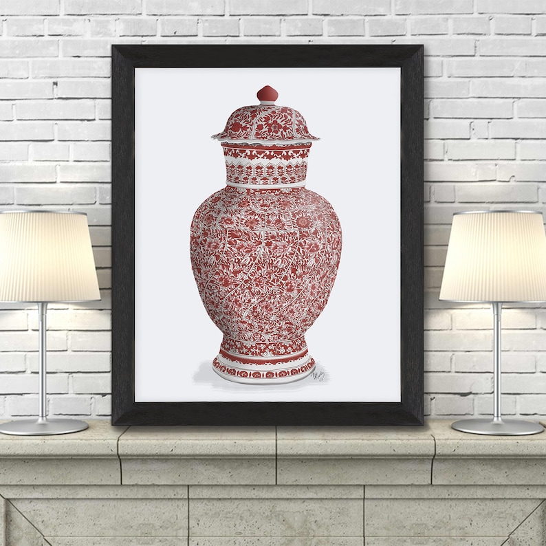 Chinese wall art Asian wall art Red and white china Oriental home decor Zen decor Dining room decor Floral interiors Chinoiserie art