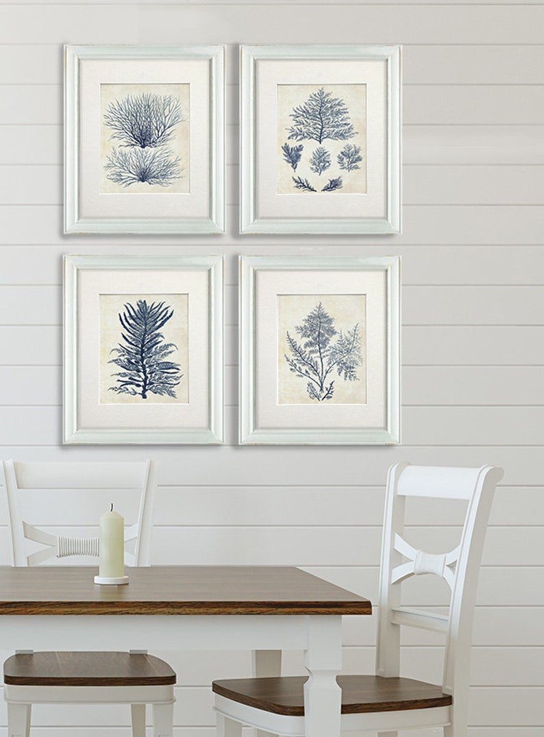 Nautisches Dekor Set 4 Drucke Indigo Blue Seaweed 1 Nautical Print Wall Art Strand Haus Dekor Bild Badezimmer Dekor Indigo Blue Dekor Bild 7