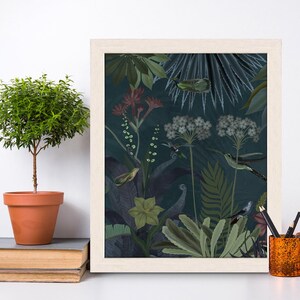 Tropical flower art, bird art print, botanical wall art, floral decor, tropical print living room decor, large canvas - Hummingbird garden 2 image 3
