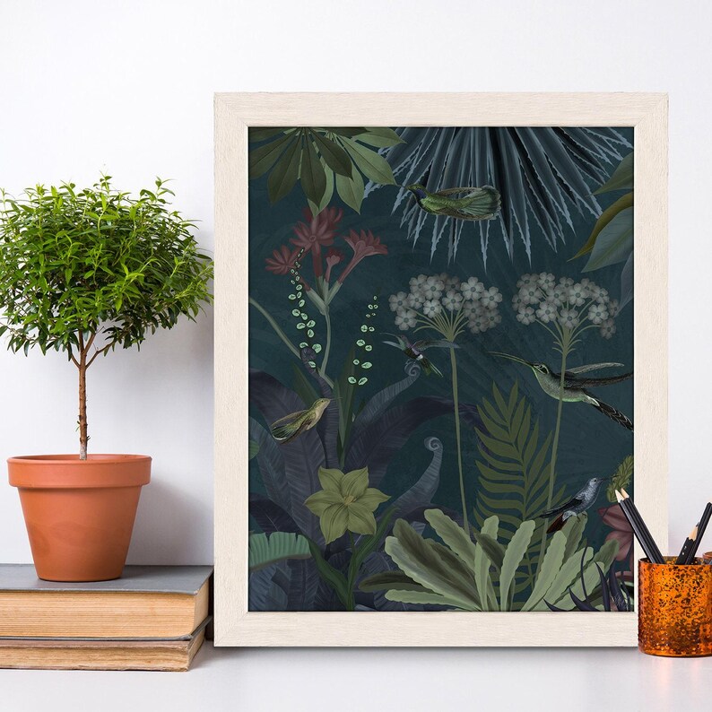 Tropical flower art, bird art print, botanical wall art, floral decor, tropical print living room decor, large canvas - Hummingbird garden 2 image 3