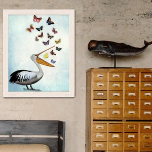 Pelican & Butterflies Art Print: Whimsical Beach House Decor image 1