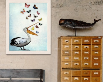 Pelican & Butterflies Pelican Print Nautical print sea picture beach house decor wall decor beach decor nautical decor pelican print picture