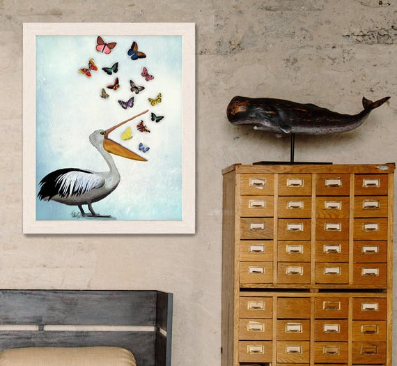 Pelican & Butterflies Pelican Print Nautical print sea picture beach house decor wall decor beach decor nautical decor pelican print picture