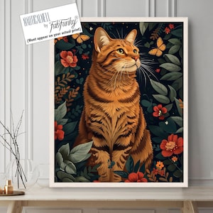 Orange getigerte Katze Kunstdruck, Kurzhaarige Ingwer Katze Wandkunst, Wunderliche Katze Illustration, William Morris Art Katzenplakat, Marmalade Katze