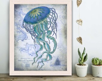 Nautical print - Jellyfish On image of Nautical Map - blue Jellyfish print blue Art Print blue bathroom print bedroom decor coastal wall art