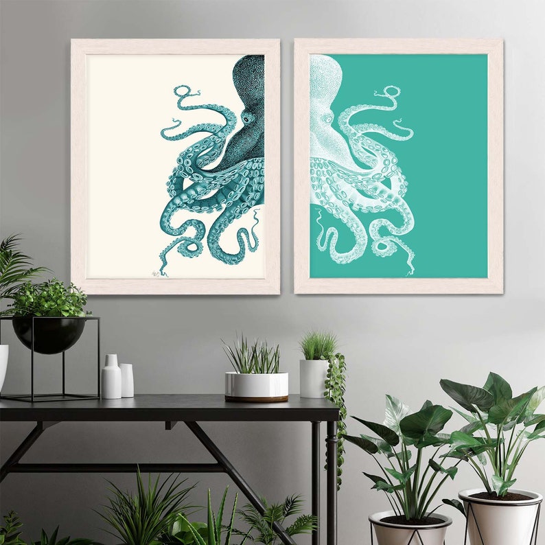 Octopus Prints Turquoise & cream Set of 2 , Octopus art Nautical Print Beach Decor bathroom Decor Nautical Decor Wall Art Beach House Decor image 1