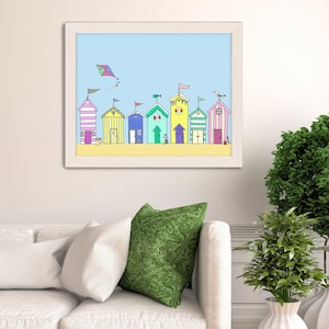 Beach hut print - Beach Huts In a Row - Beach House Decor Beach Art Beach Poster beach house wall art beach hut art Bathroom wall art