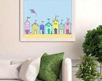 Strandhütte Print - Beach Huts In a Row - Strandhaus Dekor Strand Kunst Strand Poster Strandhaus Wand Kunst Strandhütte Kunst Badezimmer Wand Kunst