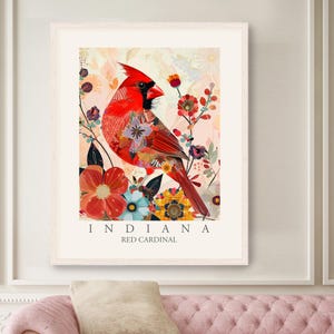 Impresión de pájaro del estado de Indiana, cardenal rojo, arte de pared de estilo abstracto moderno, decoración del hogar, pájaros de patio trasero de IN, EE. UU., póster bohemio colorido grande