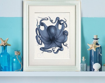 Octopus 5, Nautical print sea life poster beach home decor wall decor marine painting nautical decor bathroom decor Bathroom art ocean decor